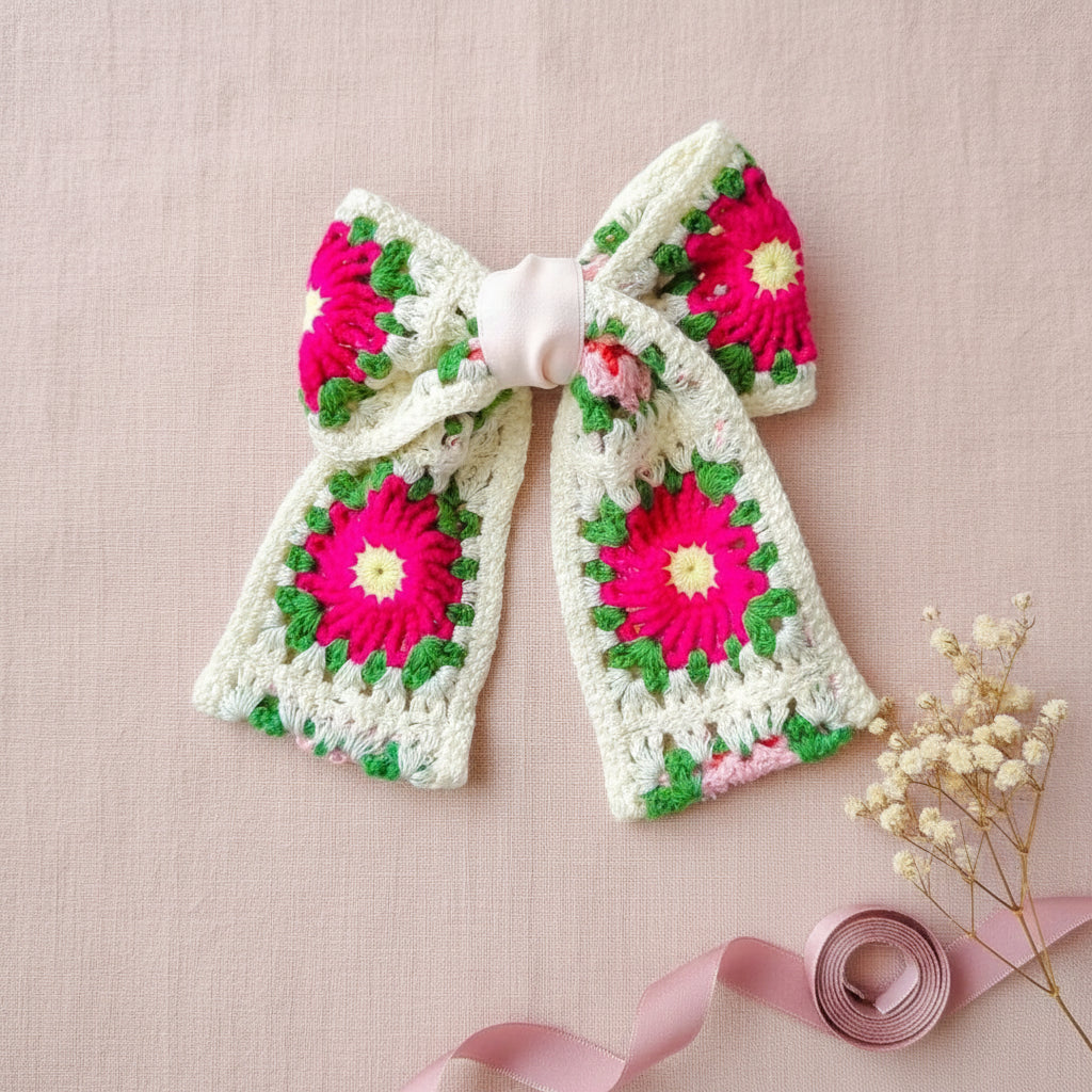 A handmade crocheted hair bow featuring granny square motifs with bright pink flowers, green leaves, and cream-colored borders, tied with a light pink ribbon at the center.
