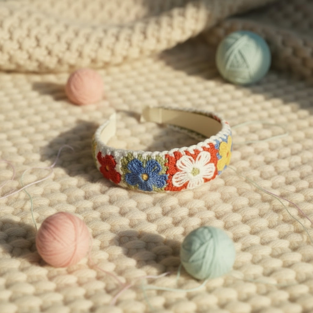 A handmade Chrochet hairband featuring colorful embroidered flowers in red, blue, yellow, and white on a white textured faux fur background.