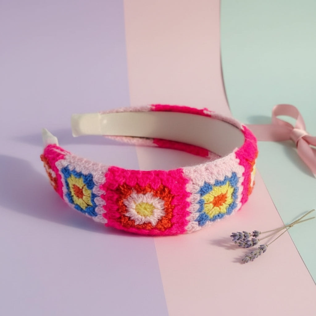 A handmade crochet headband featuring a bright pink base with colorful granny square patterns in blue, yellow, and white, displayed on a white faux fur surface.