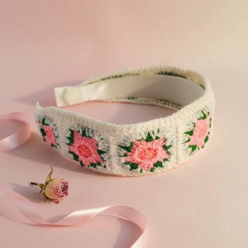An off-white crocheted headband decorated with pink and green floral embroidery, displayed on a white faux fur surface.